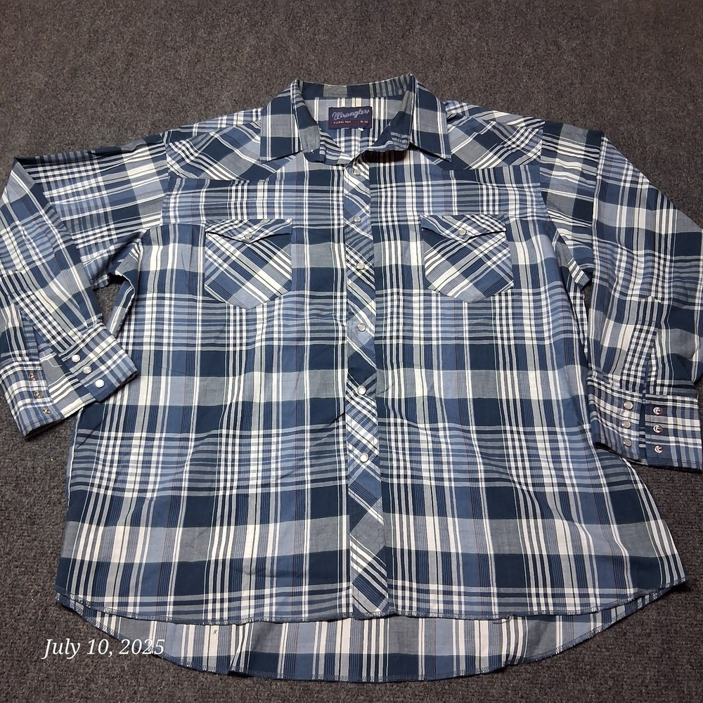 Wrangler Pearl Snap Western Shirt X-Long‎ Tails Size 18-35 XXL Blue